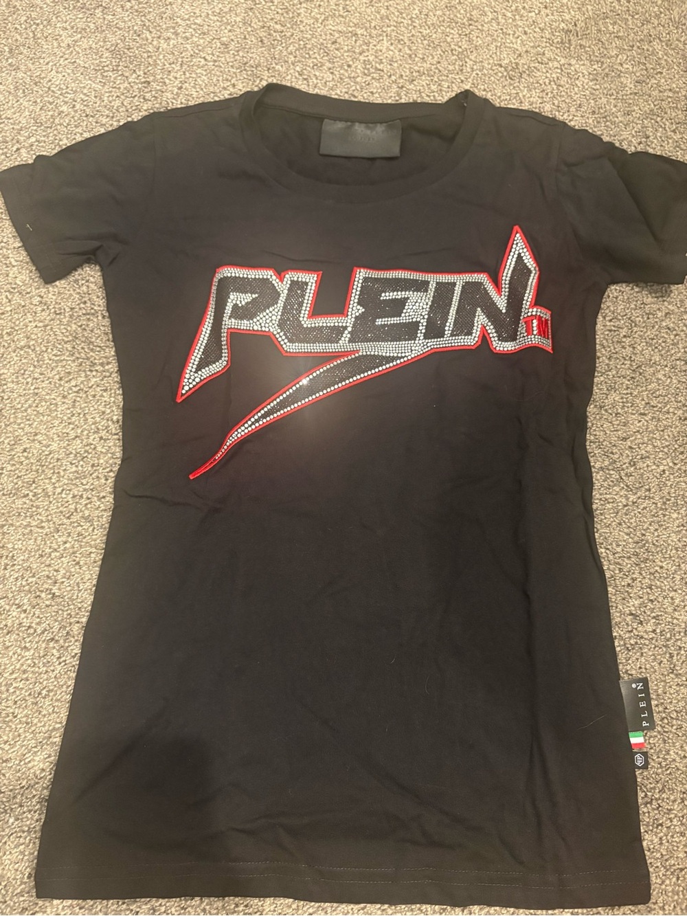 Philipp Plein Black Tee with Crystal-Embellished Red-Trim Logo
